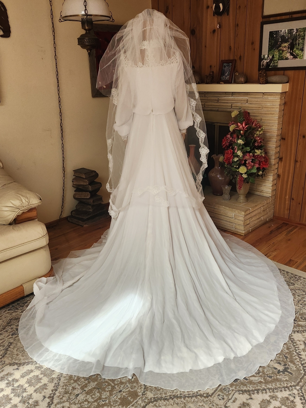 Vintage 1970s Boho Lace Wedding Gown & Juliet Cap Set | ILGWU Made - Picture 3 of 16